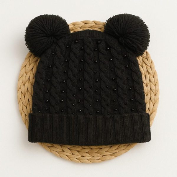 Touca para Bebê Com Pompom e Pérolas Preto – Quentinha, Fofa e Estilosa