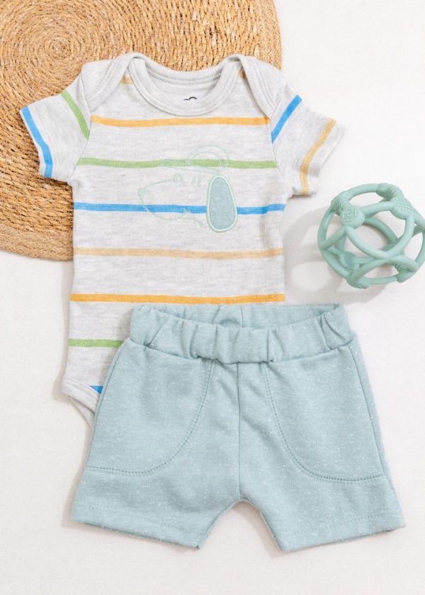 Conjunto Bebê Body E Short Verde Verão - Bordado Woof Dog