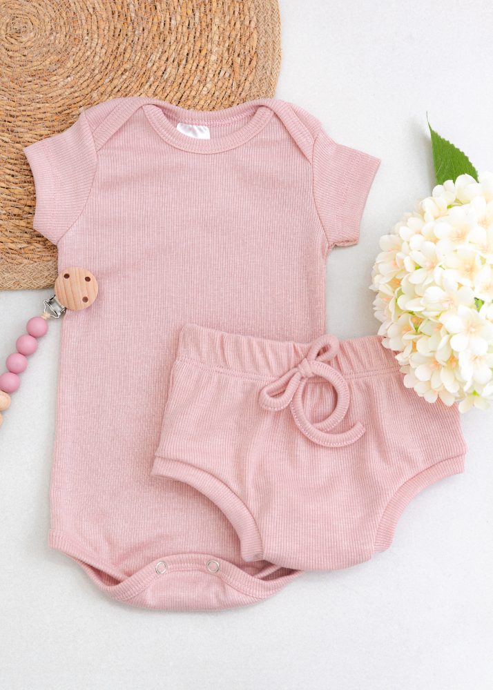 Conjunto Bebê Body e Tapa Fralda Canelado Liso - Rosê