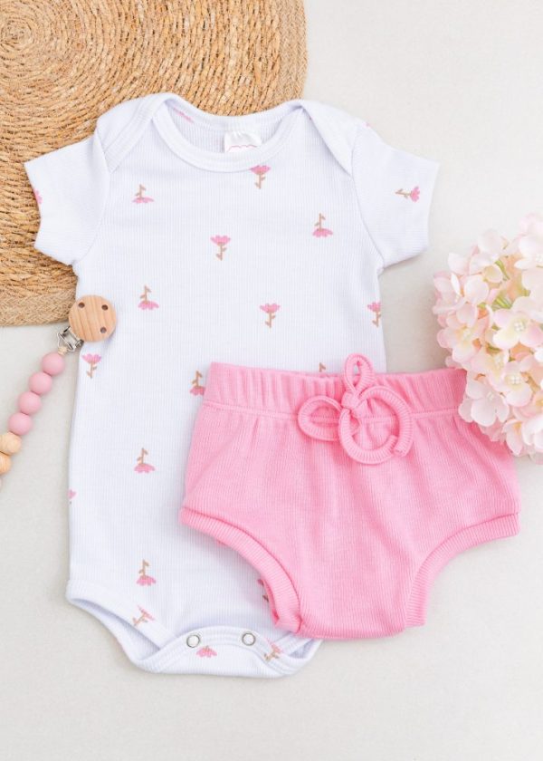 Conjunto Bebê Body e Tapa Fralda Canelado - Tulipas