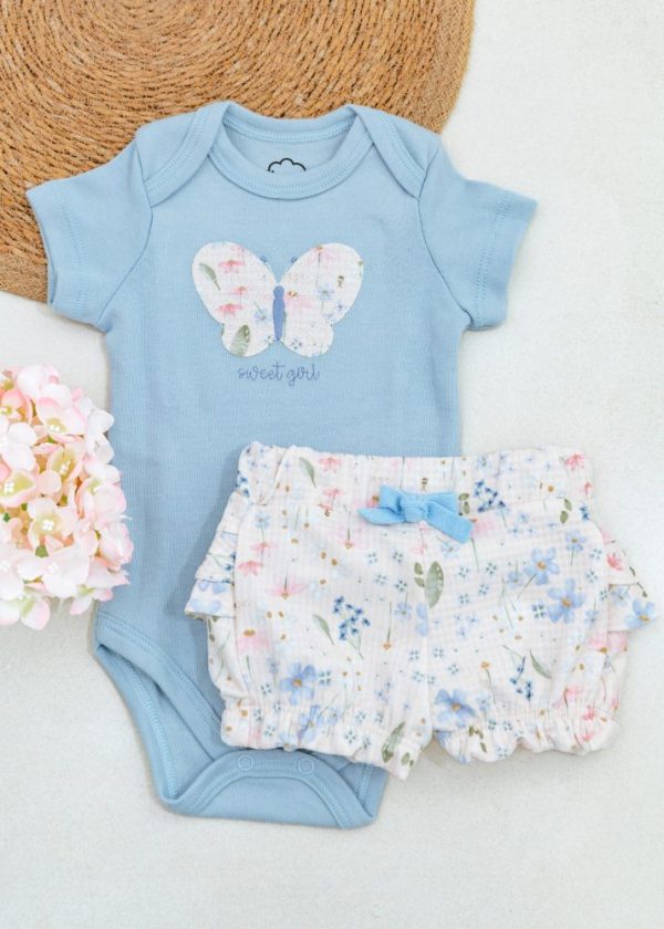 Conjunto Body Borboleta Azul Com Tapa Fralda Floral Bebê