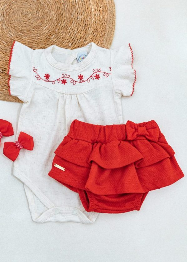 Conjunto Body Bordado Com Tapa Fralda Vermelho com Babados