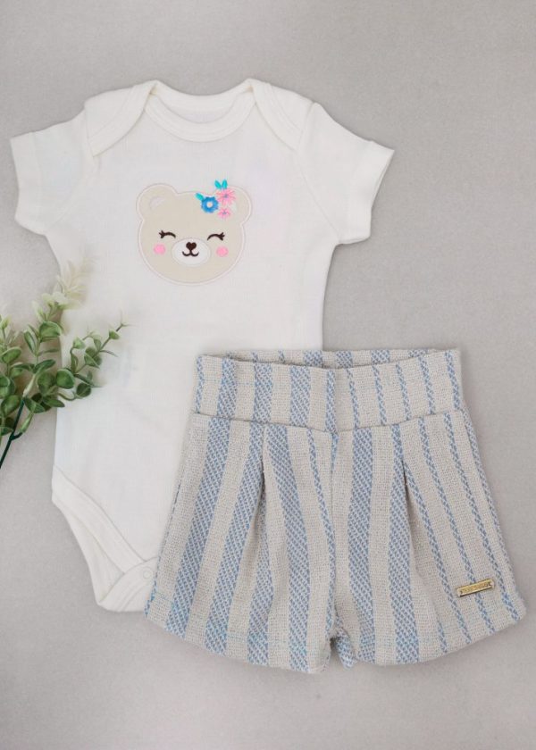Conjunto Body Bordado Urso e Shorts Listrado Azul Bebê
