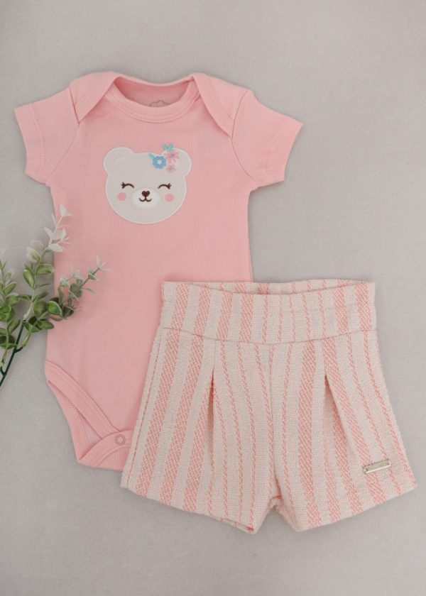 Conjunto Body Bordado Urso e Shorts Listrado Rosa Bebê