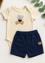 Conjunto Bebê Body E Short Marinho Verão - Bordado Urso