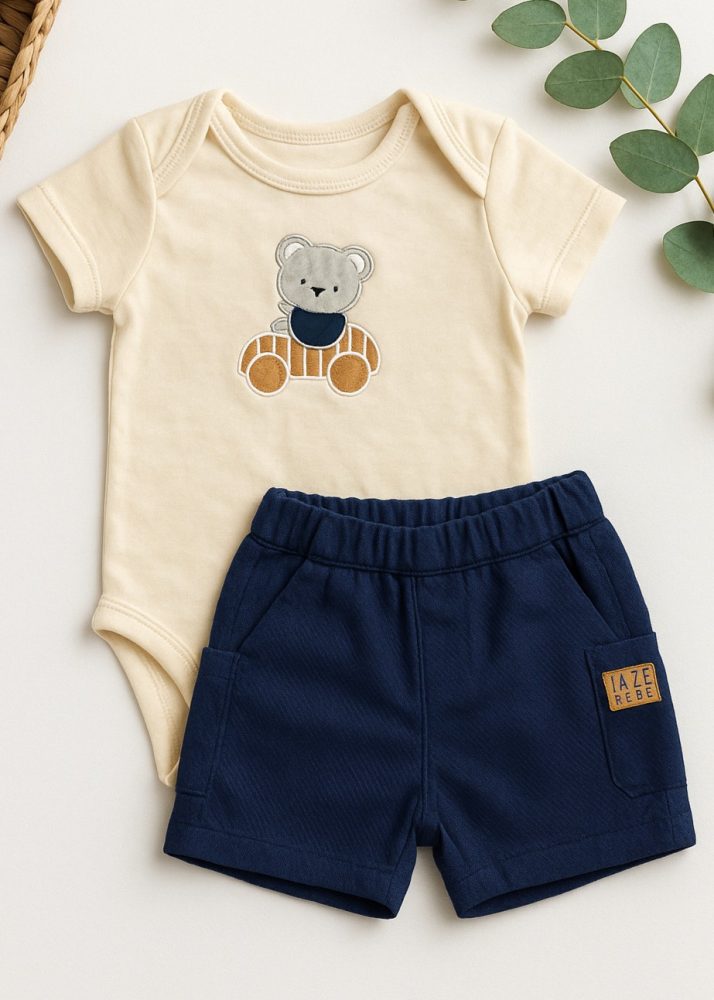 Conjunto Bordado Urso Carrinho