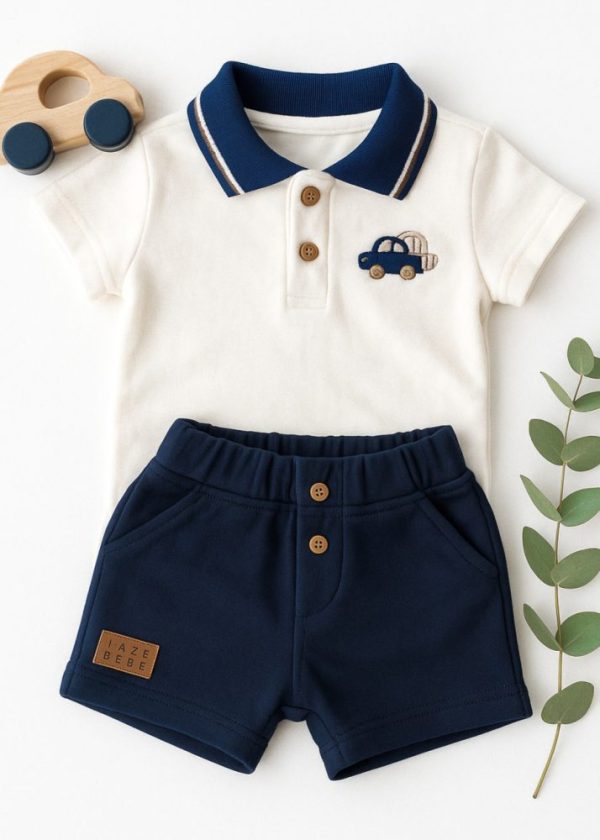 Conjunto Bebê Body Polo E Short Marinho Verão - Bordado Carro