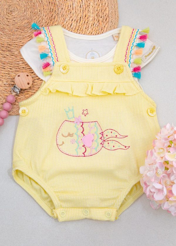 Conjunto Romper Amarelo Com Bordado Peixe E Blusa