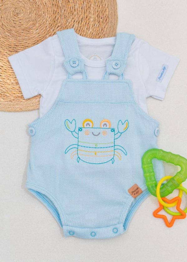 Conjunto Romper Azul Com Bordado Caranguejo E Camiseta