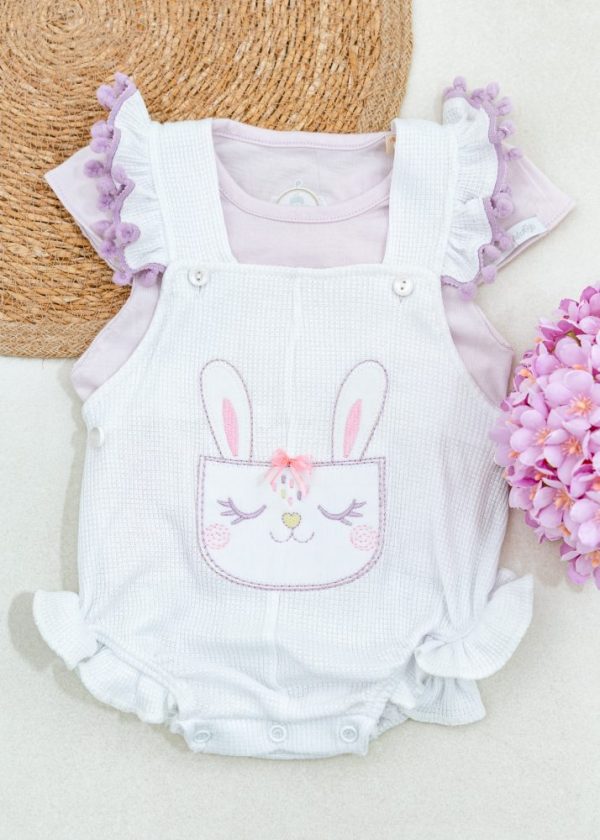 Conjunto Romper Branco Com Bordado Coelho E Blusa