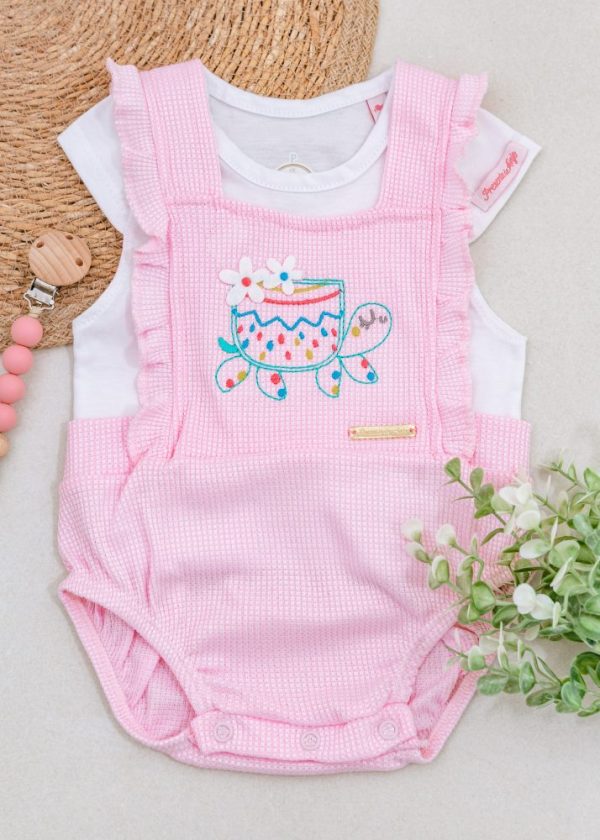 Conjunto Romper Rosa Com Bordado Tartaruga E Blusa