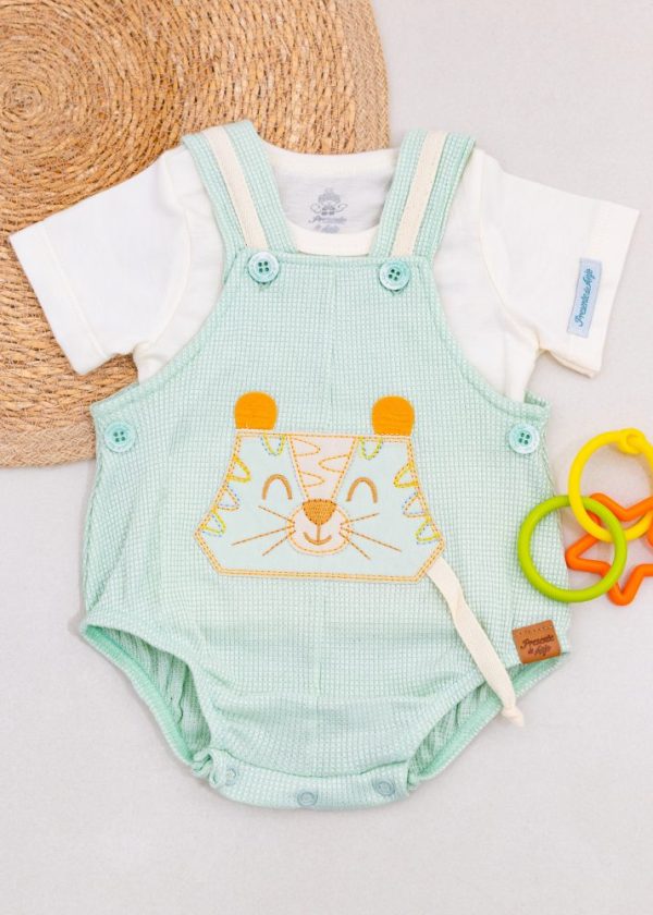 Conjunto Romper Verde Com Bordado Leão E Camiseta