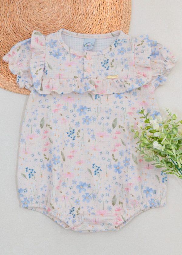 Macaquinho Romper Bebê Off White Com Estampa Floral