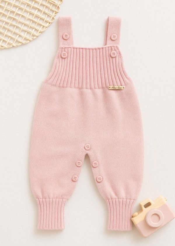 Jardineira Bebê Romper de Tricô Rosa Algodão Doce