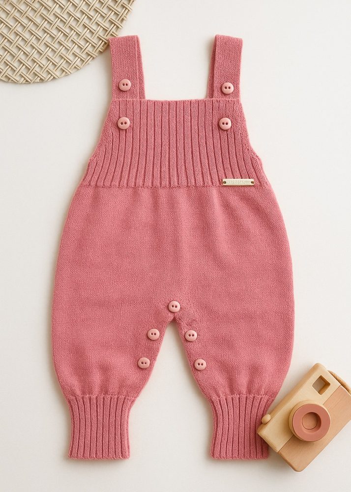 Jardineira Bebê Romper de Tricô Rose Menina