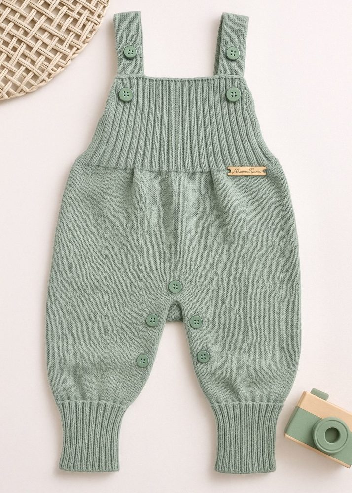 Jardineira Bebê Romper de Tricô Verde Menino