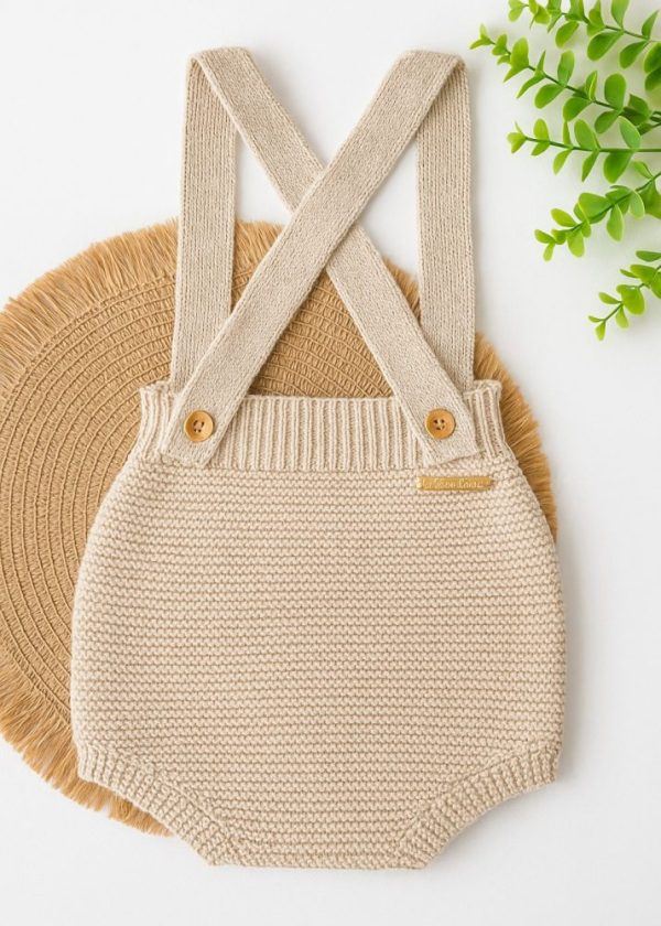 Jardineira Romper Tapa Fralda Em Tricô Areia