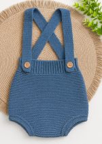 Jardineira Romper Tapa Fralda Em Tricô Azul Jeans