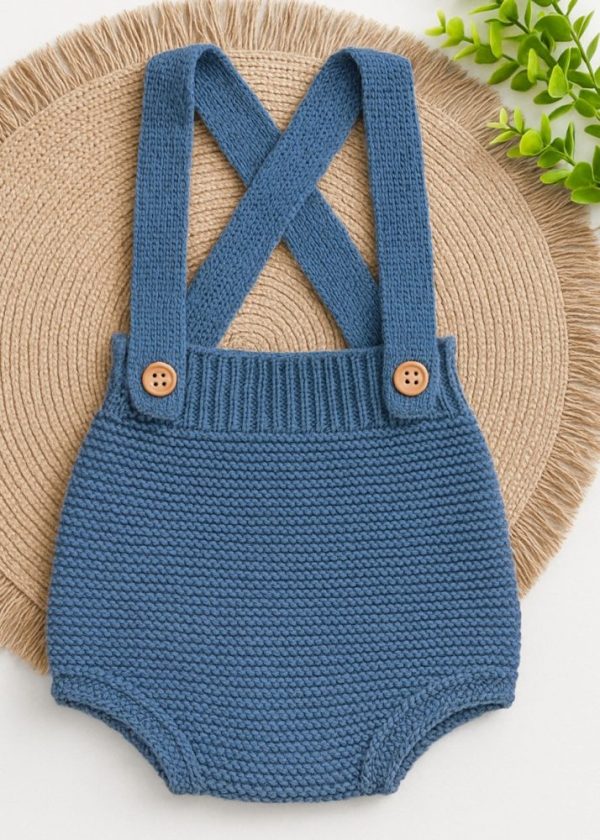 Jardineira Romper Tapa Fralda Em Tricô Azul Jeans