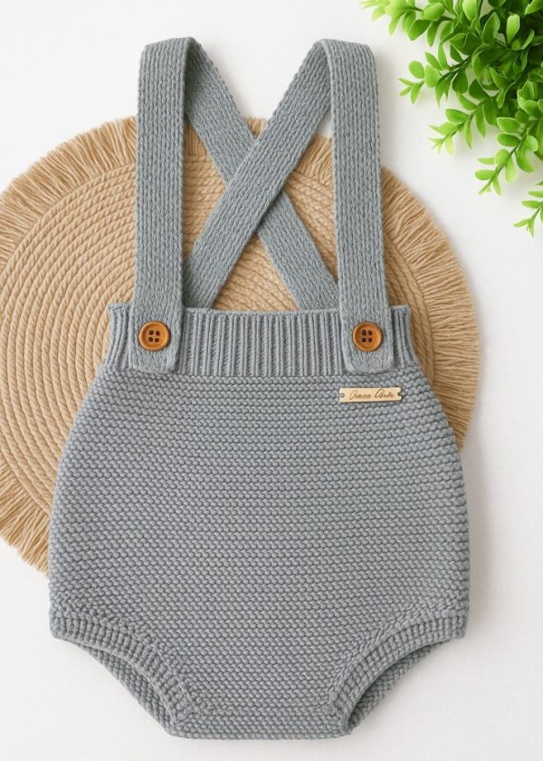 Jardineira Romper Tapa Fralda Em Tricô Cinza