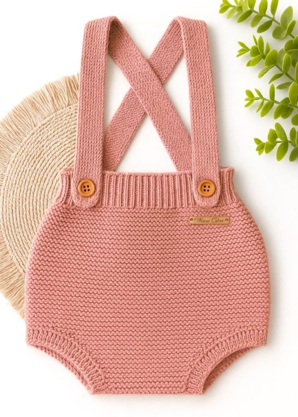 Jardineira Romper Tapa Fralda Em Tricô Nude