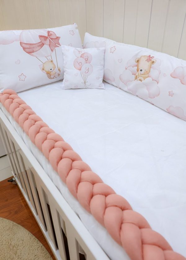 Kit Protetor de Berço 8 peças - Urso Balão Rosa