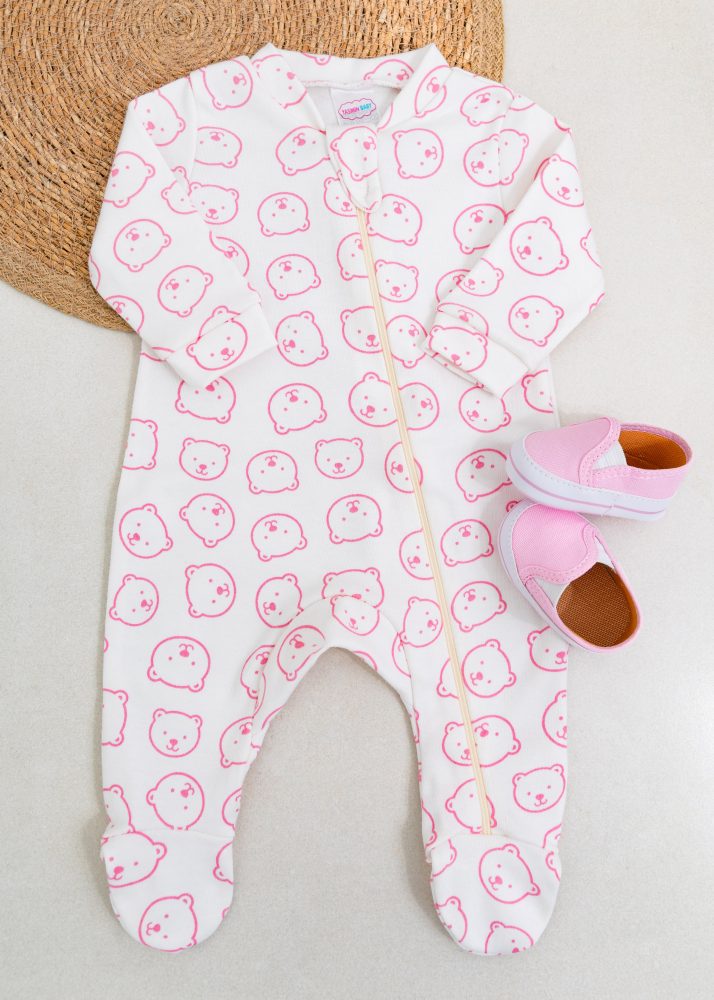 Macacão Bebê Suedine - Urso Rosa