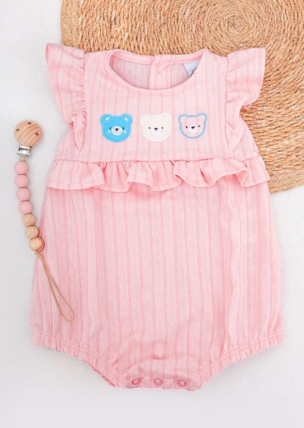 Macaquinho Romper Bebê com Ursinhos Bordados e Babados