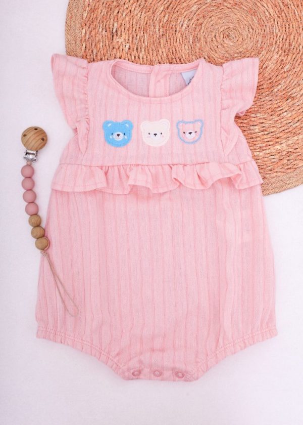 Macaquinho Romper Bebê com Ursinhos Bordados e Babados