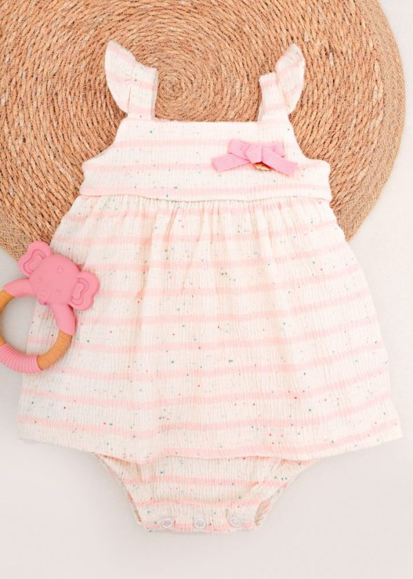 Vestido Bebê Body Saia Listrado Rosa com Lacinho