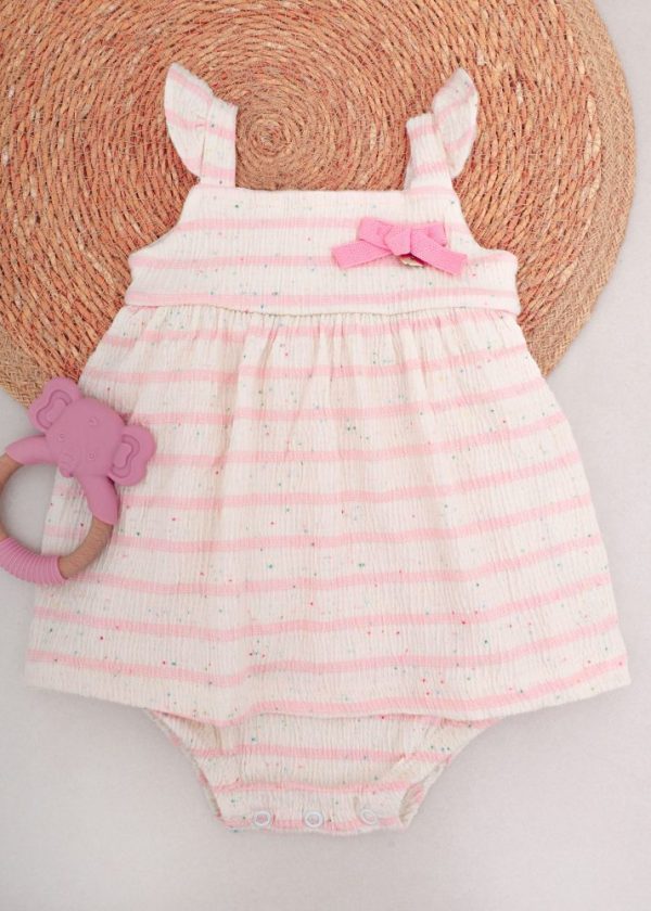 Vestido Bebê Body Saia Listrado Rosa com Lacinho