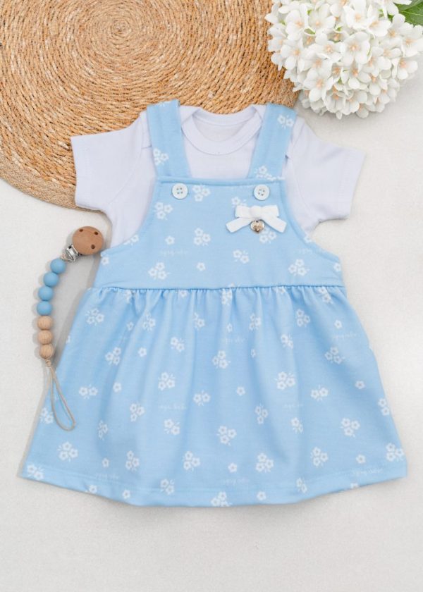 Vestido Jardineira Bebê Azul Com Body Branco