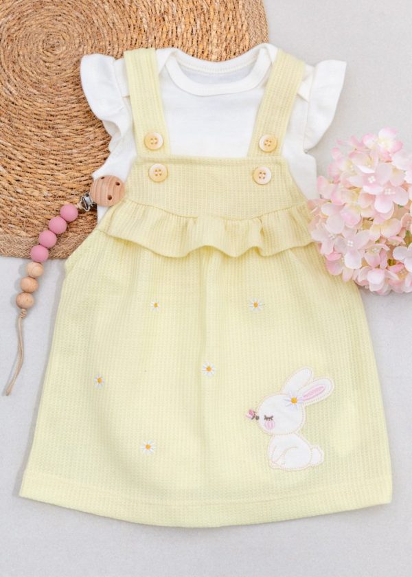Vestido Salopete Amarelo Com Bordado Coelho e Body