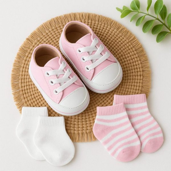 Kit Sapatinho Rosa Cano Baixo Com 2 Pares de Meias