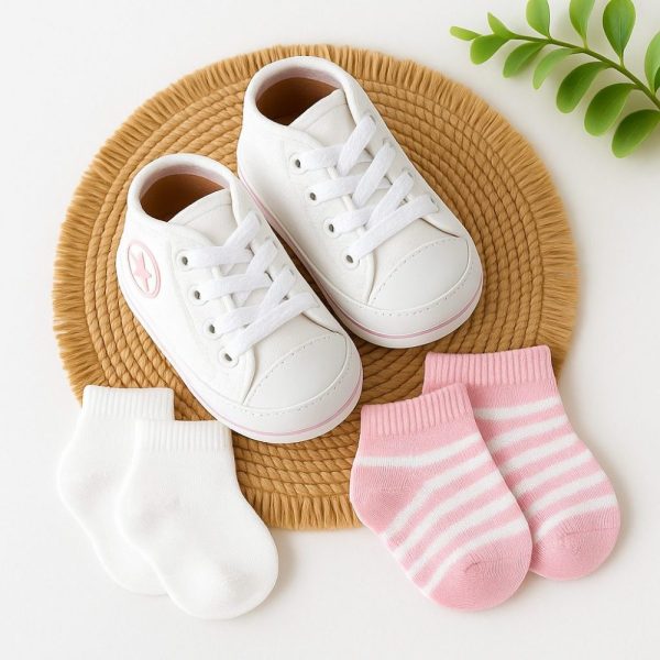 Kit Sapatinho Branco Cano Alto Com 2 Pares de Meias