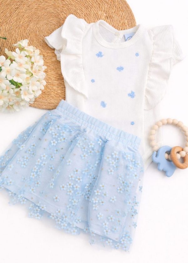 Conjunto Bebê Beautiful Com Body  e Saia Tule Floral Azul