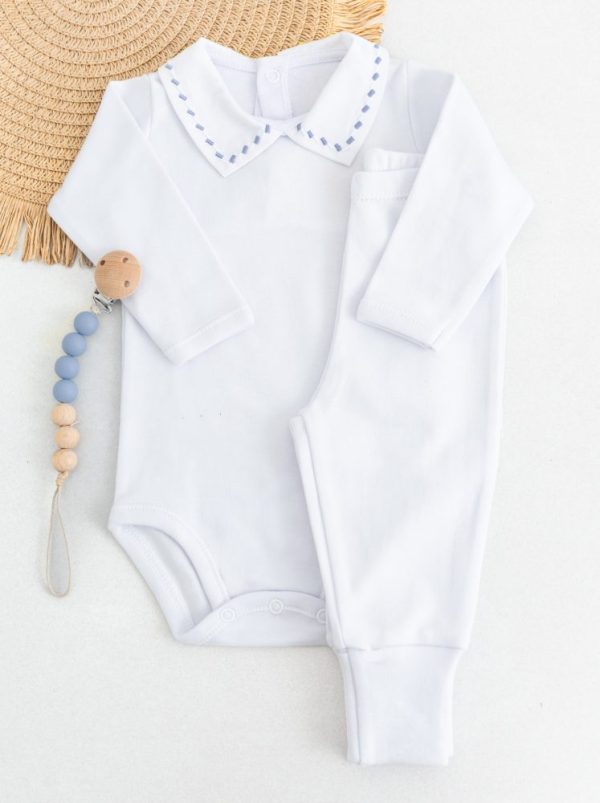Conjunto Bebê Body e Calça Branco com Gola Bordada Azul