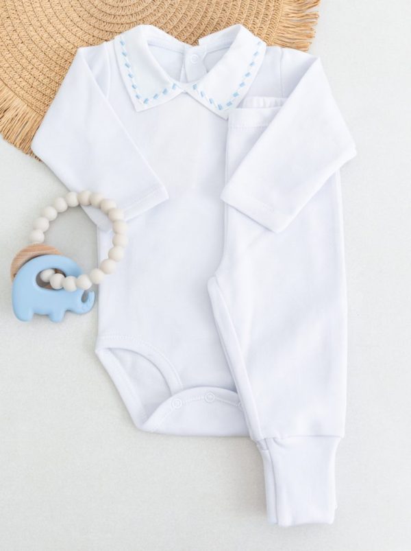 Conjunto Bebê Body e Calça Branco com Gola Bordada Azul Claro