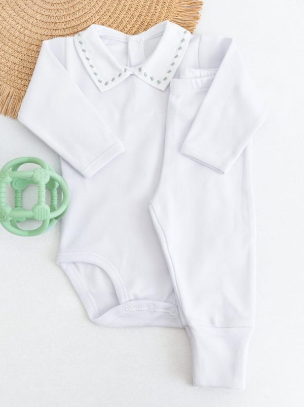 Conjunto Bebê Body e Calça Branco com Gola Bordada Verde