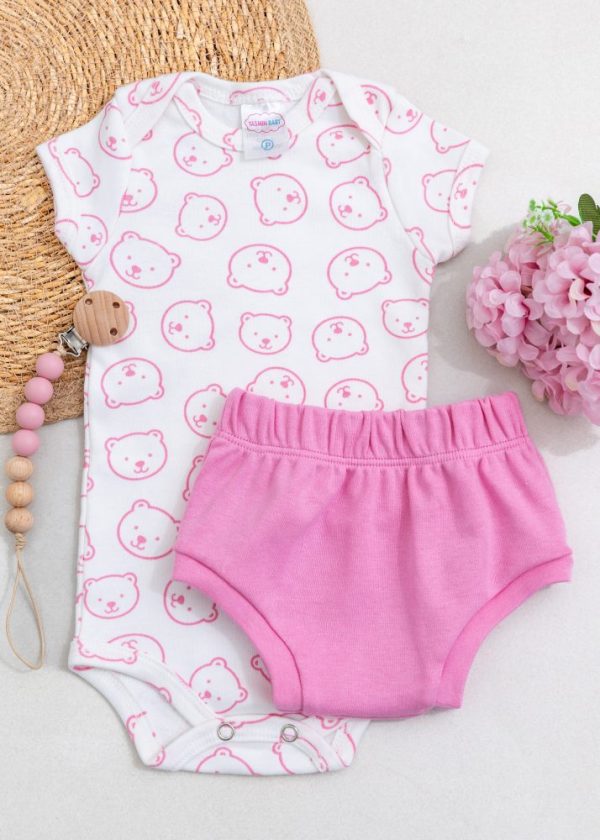 Conjunto Bebê Body e Tapa Fralda Suedine - Ursa Rosa