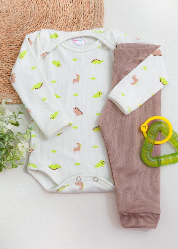 Conjunto Body Bebê Pagão Canelado Longo - Dino
