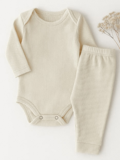 Conjunto Body Bebê Pagão Canelado Longo - Off White