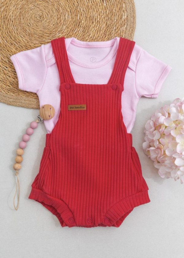 Conjunto Jardineira Ribana Cereja Com Body