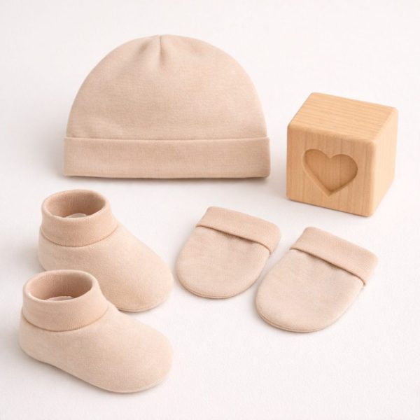 Kit Maternidade Bebê Bege com Touca, Luvas e Sapatinhos