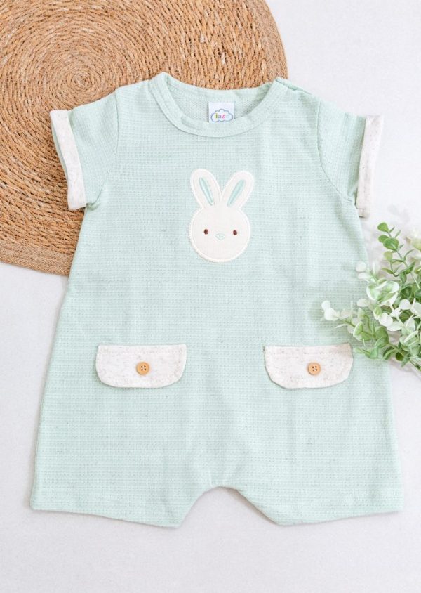 Macacão Bebê Verde Menta Com Bordado Coelho