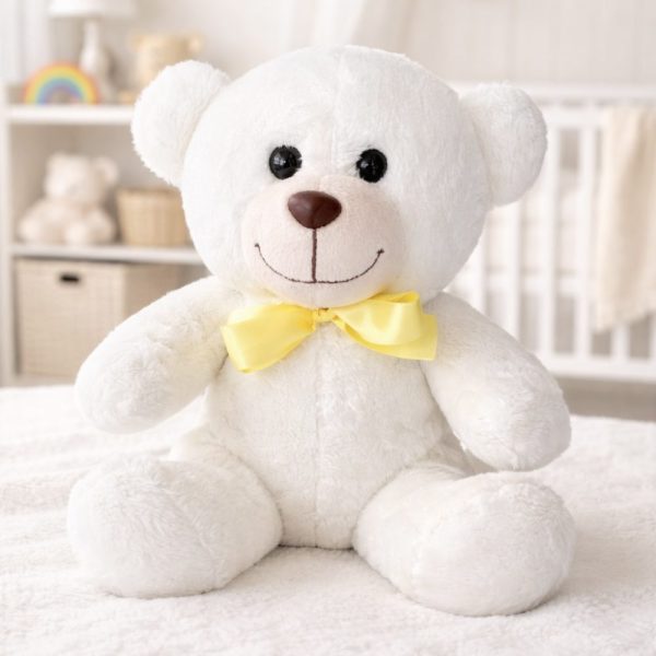 Pelúcia Ursinho Grande Branco Decorativo Laço Amarelo