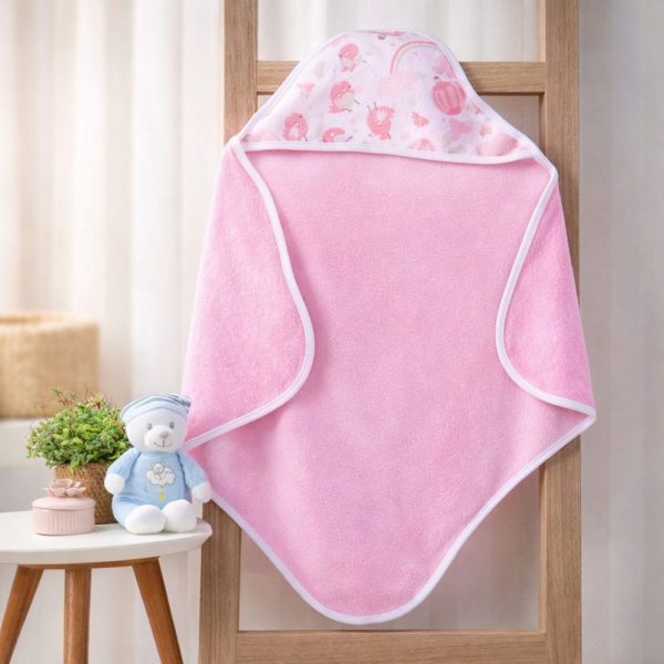 Toalha de Banho Bebê com Capuz - Passarinho Rosa