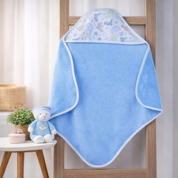 Toalha de Banho Bebê com Capuz - Dinossauro Azul