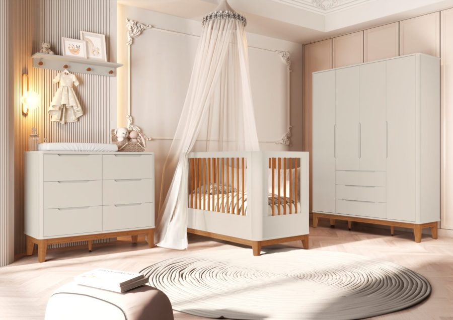 Berço Boom Slim Classic - Roupeiro Boom4P - Cômoda Boom6G Areia