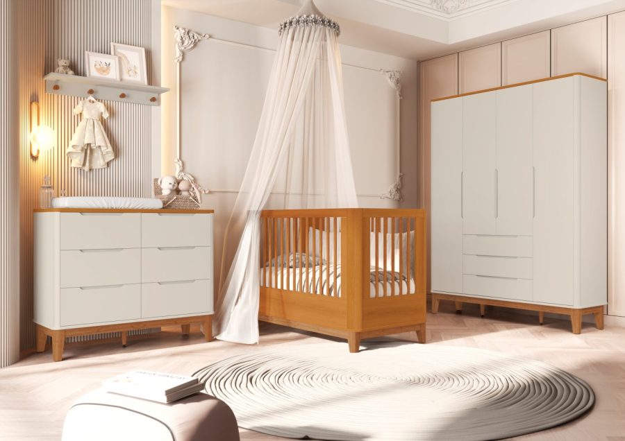 Berço Boom Slim Classic - Roupeiro Boom4P - Cômoda Boom6G Areia-Savana